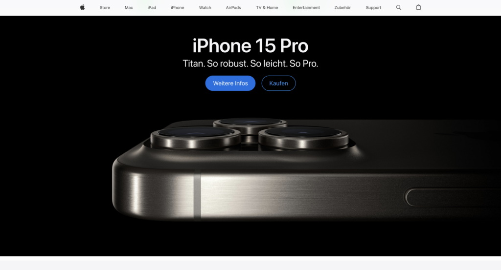 Screenshot von der Startseite der Apple Website