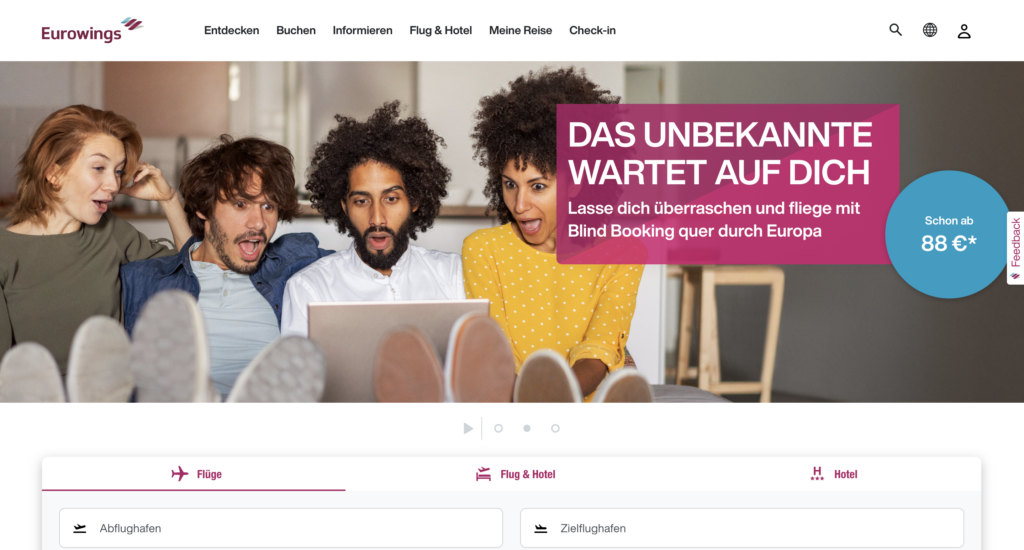 Screenshot von der Startseite der Eurowings Website